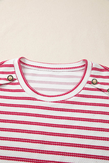 Red Stripe Textured Knit Top with Gold Button Detail – Chic Short Sleeve Boutique Tee for Women