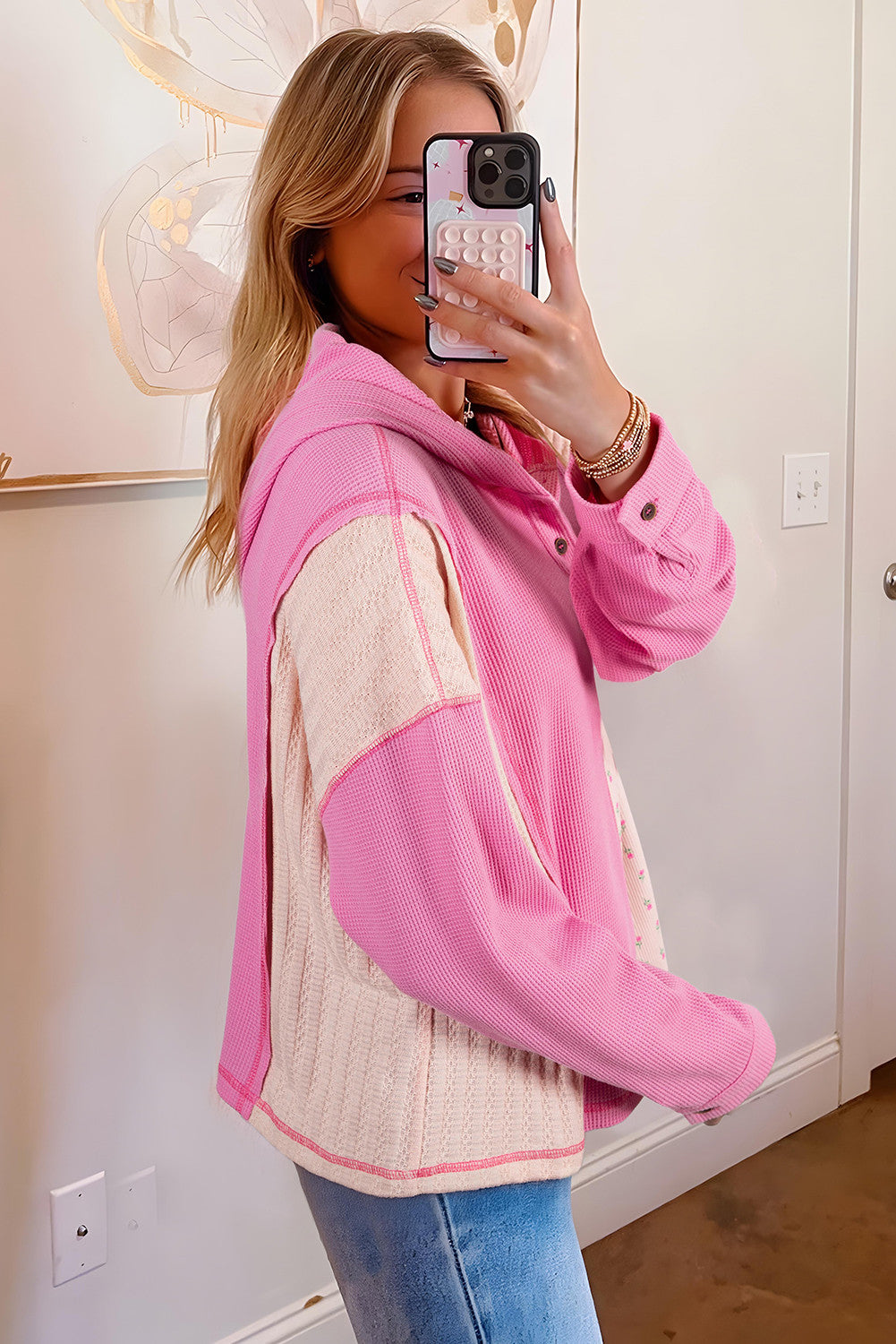 Pink Waffle Floral Patchwork Hooded Oversized Pullover