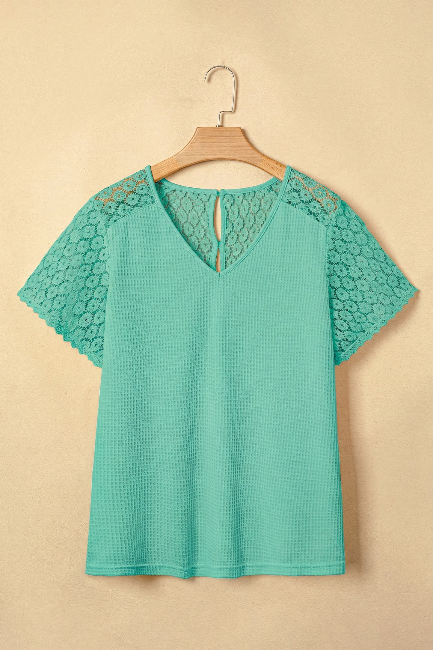 ~PREORDER ~ Lace Splicing Button Cutout V Neck Waffle Knit Blouse ~PREORDER ~