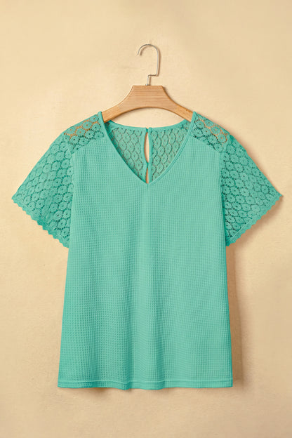 ~PREORDER ~ Lace Splicing Button Cutout V Neck Waffle Knit Blouse ~PREORDER ~