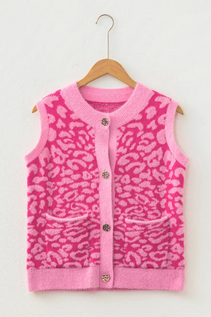 ~PREORDER~ Pink Leopard Print Knit Sleeveless Sweater Vest ~PREORDER~