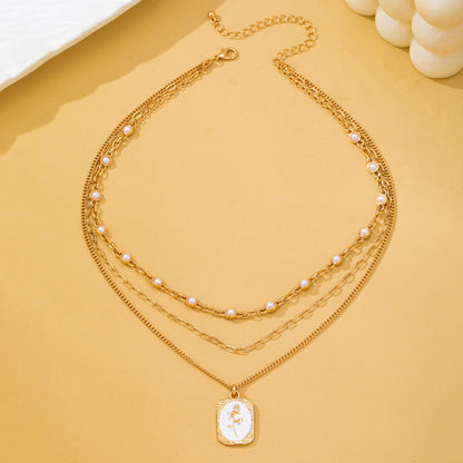 Vintage Rose Layered Necklace | Gold Pearl & Enamel Pendant Necklace