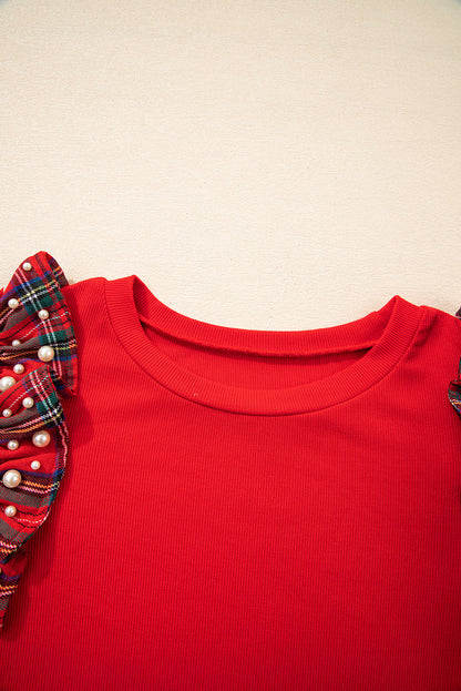 Red Plaid Ruffle Sleeve Top with Pearl Embellishments – Festive Statement Tee