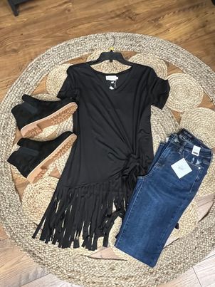 Fringe Tied Black Tee