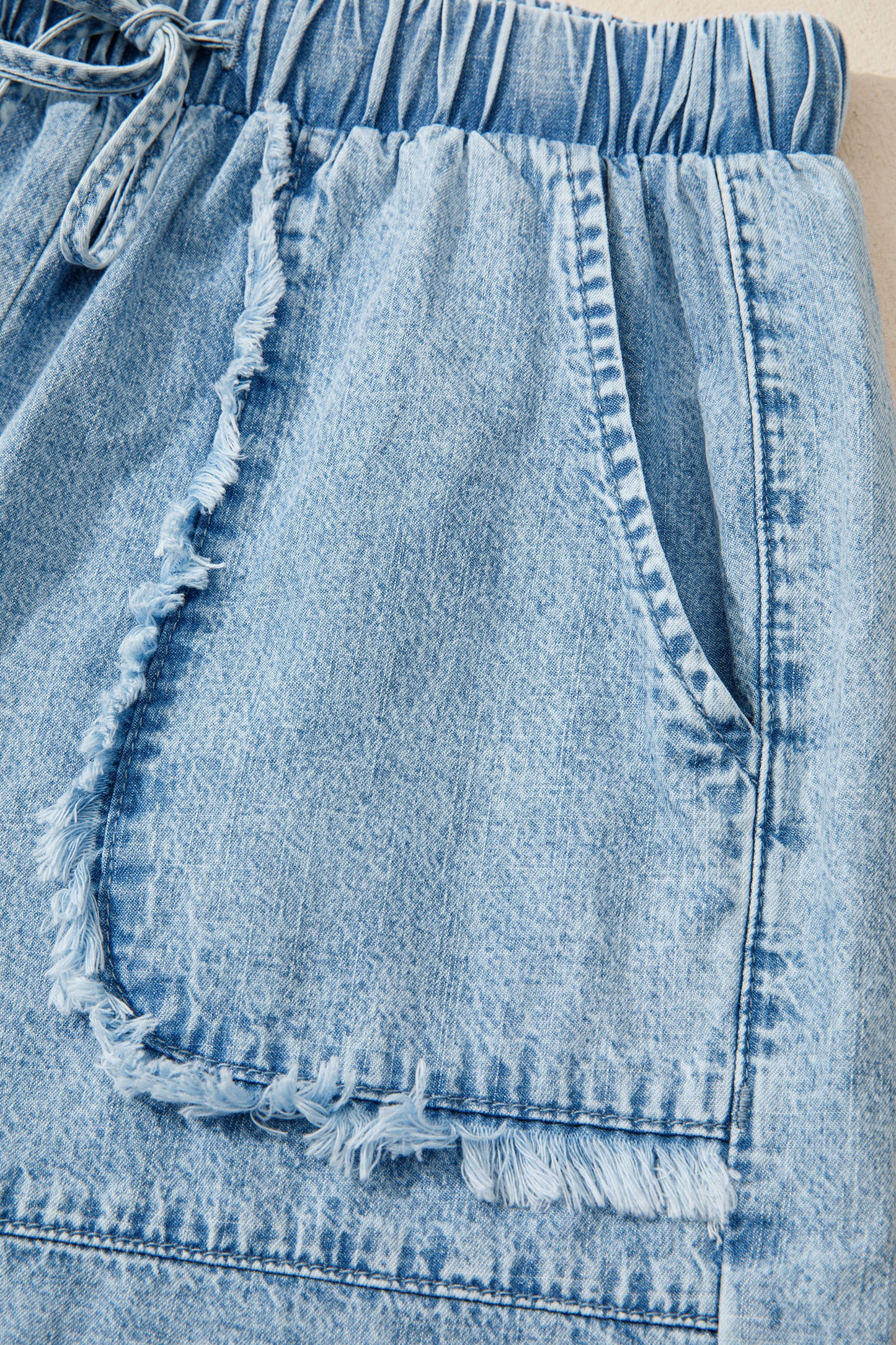 Easy Breezy Frayed Denim Shorts | Elastic Waist Drawstring Boutique Shorts