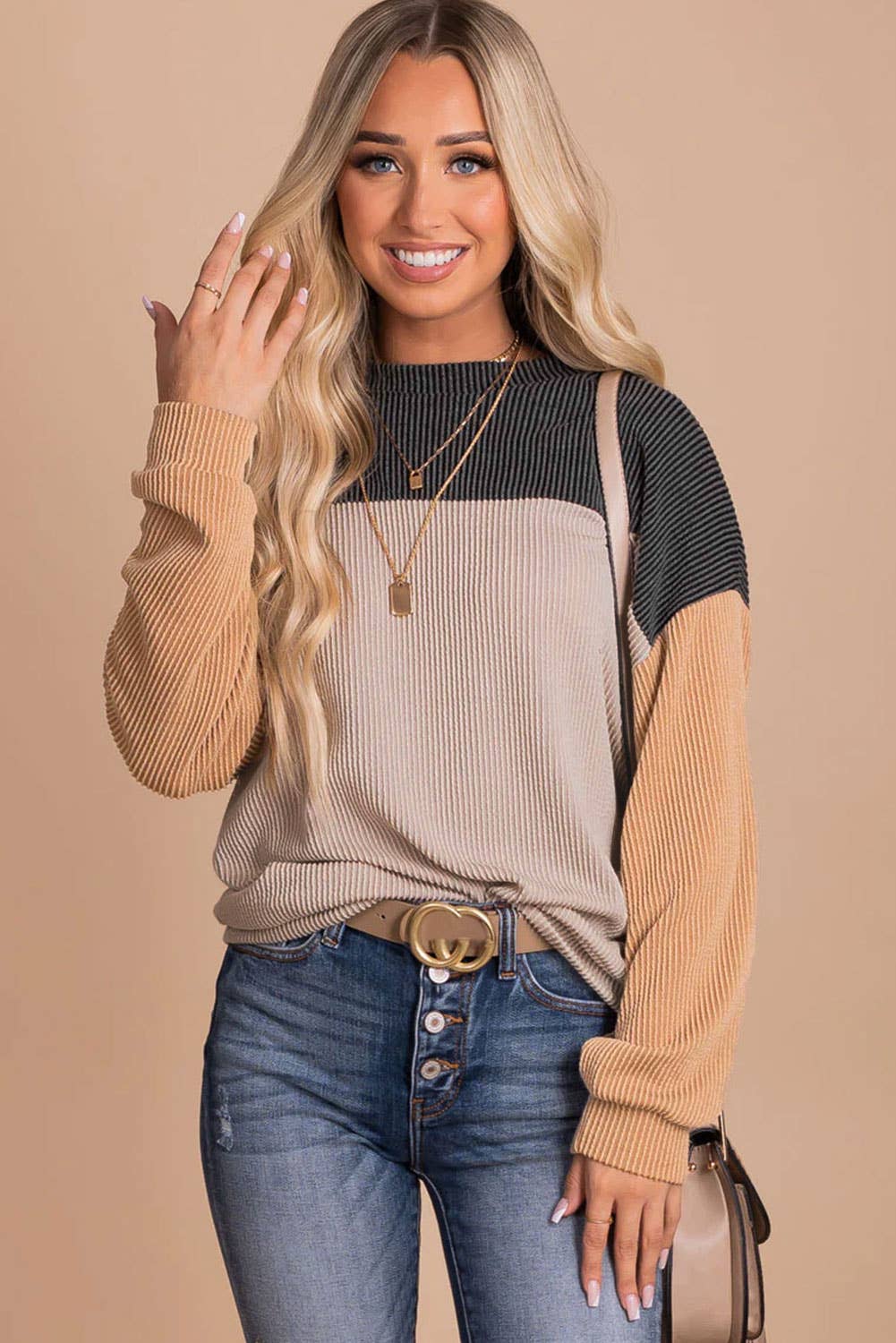 Color Block Long Sleeve Ribbed Loose Top