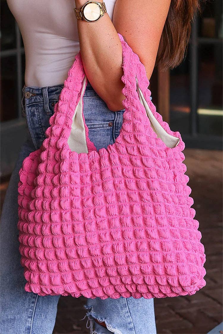 Rose Red Puffy Texture Tote Bag with quilted bubble pleats