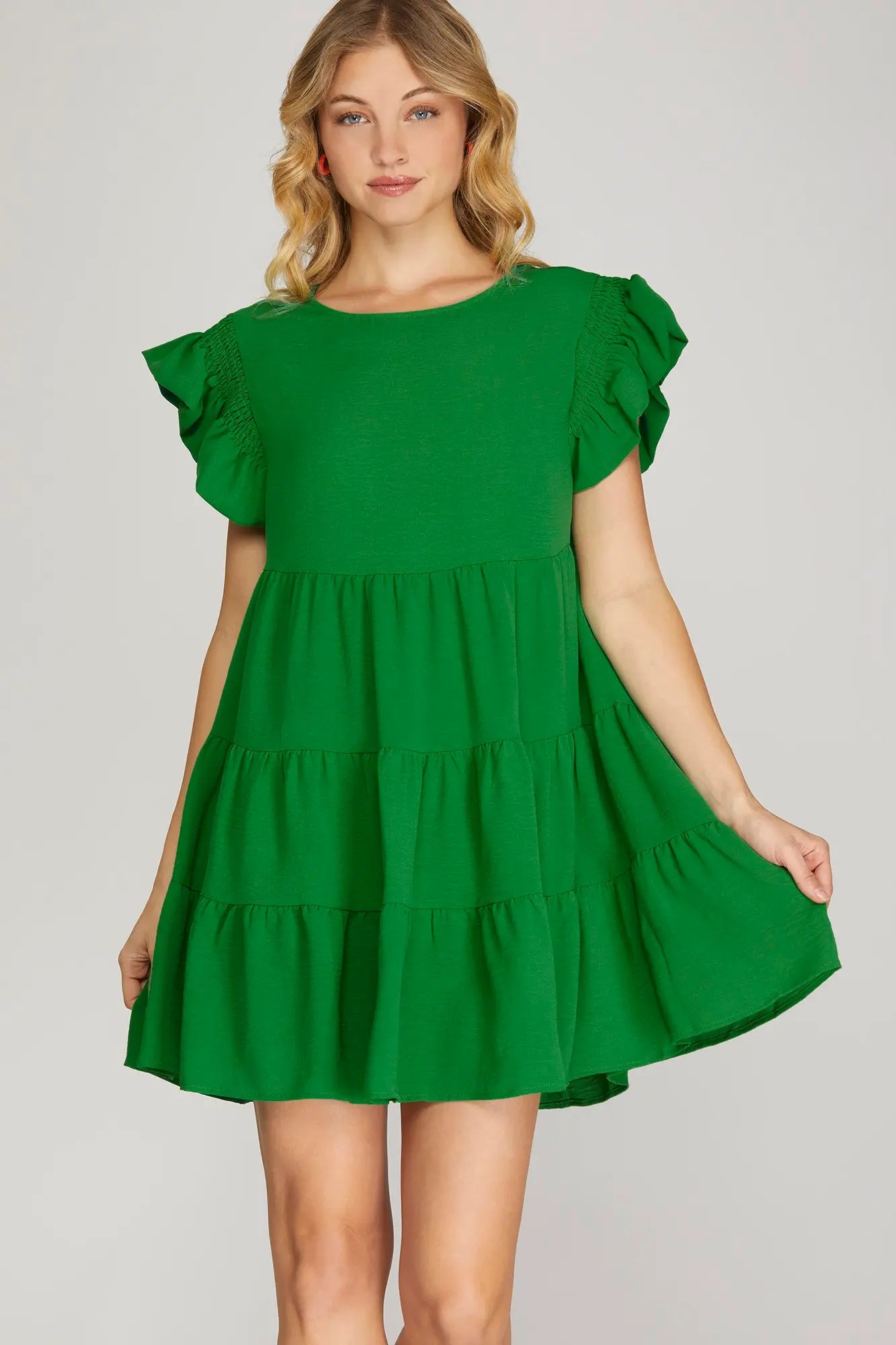 Emerald Daydream Ruffled Smocked Sleeve Tiered Woven Dress