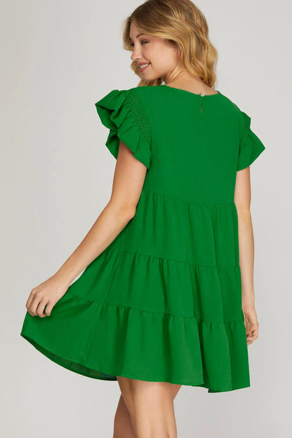 Emerald Daydream Ruffled Smocked Sleeve Tiered Woven Dress