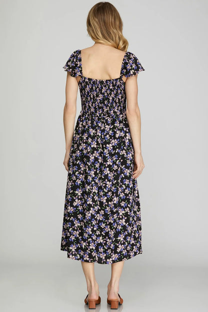 Midnight Bloom Flutter Sleeve Dress
