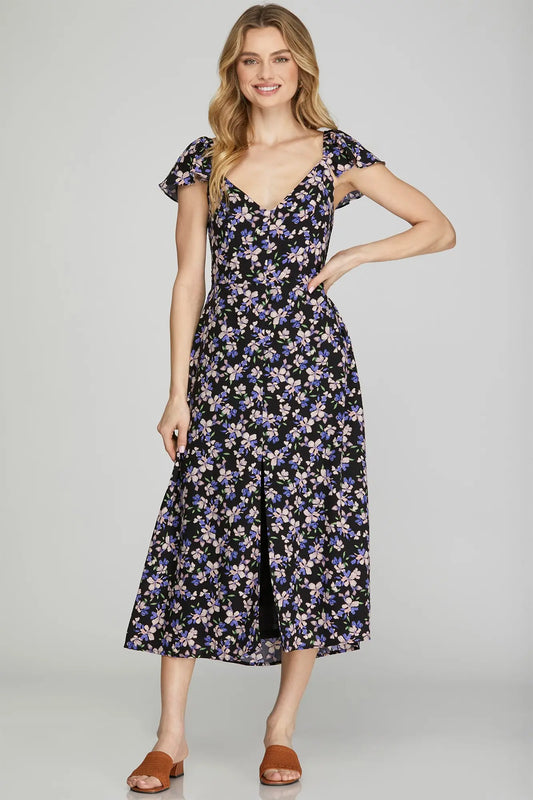 Midnight Bloom flutter sleeve dress black floral fitted waist front view