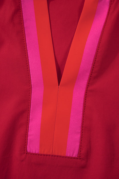 Fiery Red Ruffle Sleeve Blouse | Striped Trim Frill Collar Top