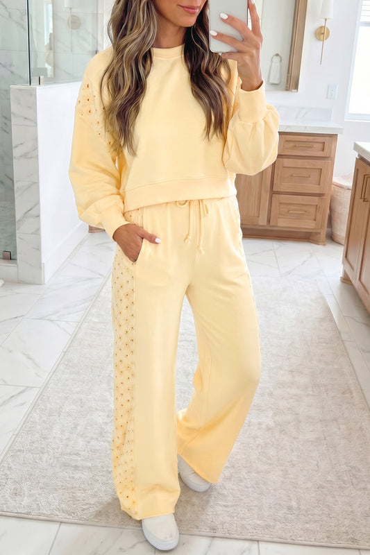 ~PREORDER ~ Yellow Cream Eyelet Lace Cropped Pullover & Drawstring Pants Set ~PREORDER ~