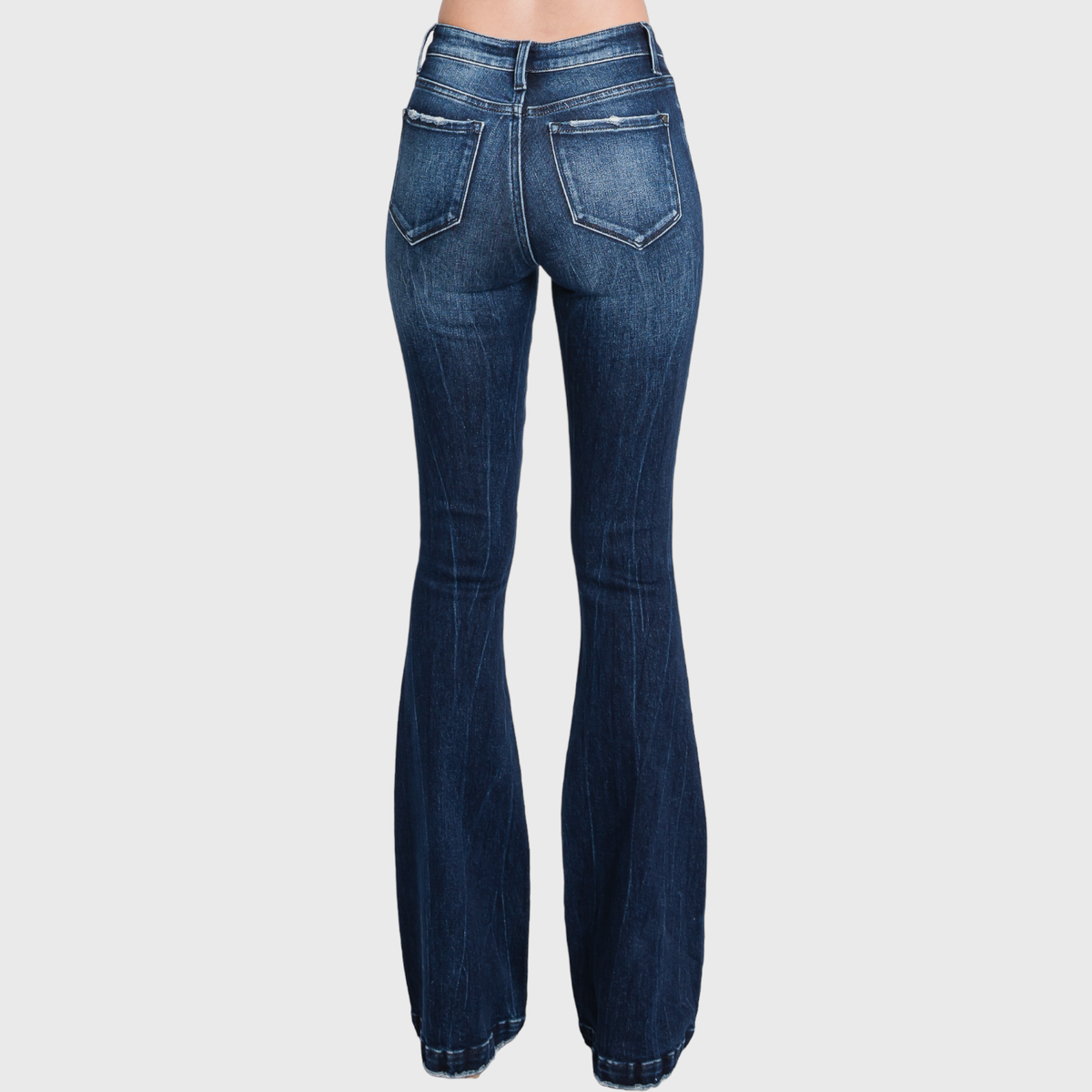 Petra Mid Rise Flare Jeans | Distressed Stretch Trouser Hem Denim
