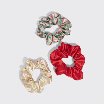 Kitsch Holiday Scrunchies 3pc Set | Red Ivory & Plaid Festive Hair Ties