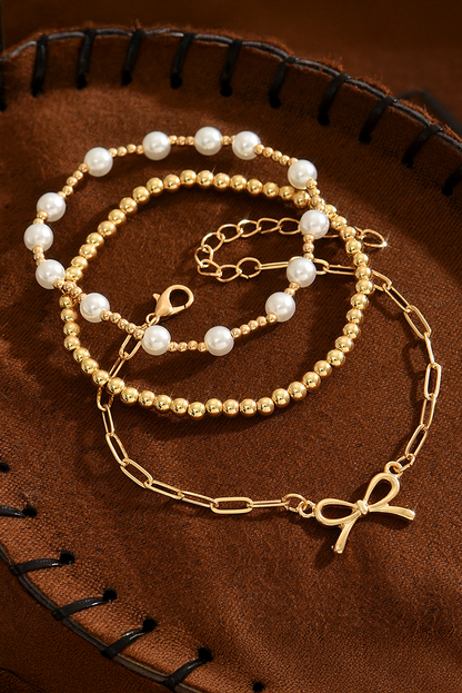 Gold Bow Chain Link & Pearl Beaded Multi-Layer Bracelet Set
