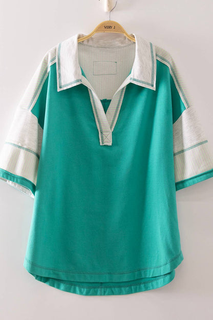 Oversized Collared Knit Top | Contrast Detail Half Sleeve Casual Shirt