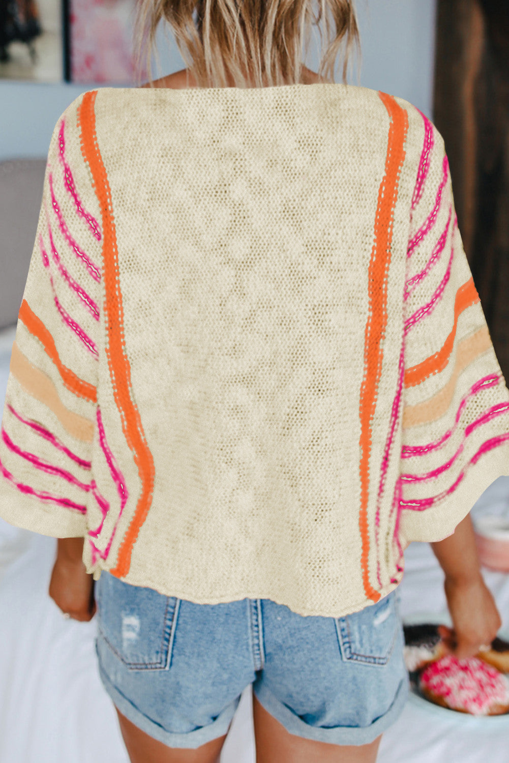 Sunwashed Stroll Lightweight Knit Sweater – Wide Sleeve Stripe Detail Summer Sweater for Women