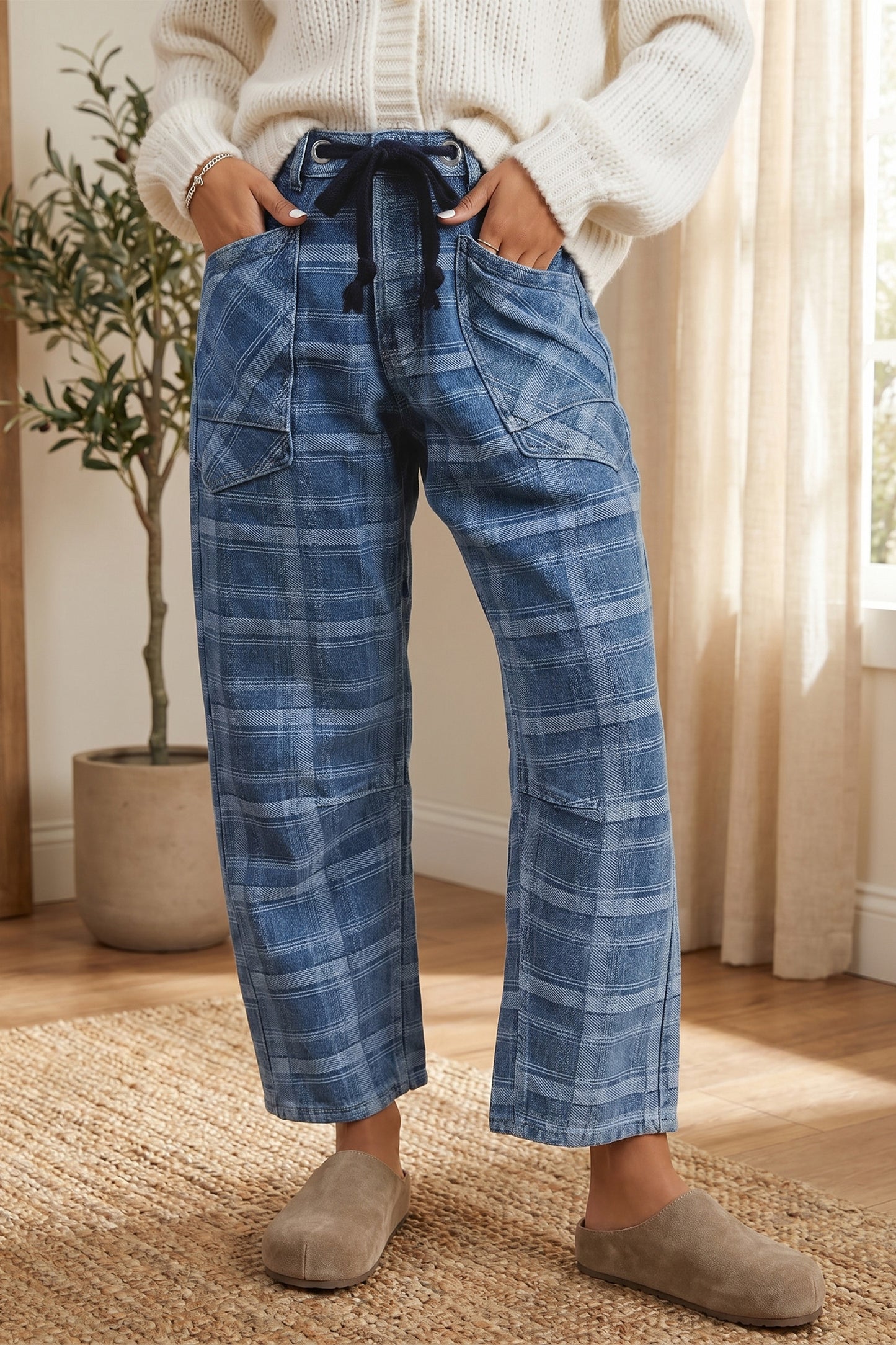~PREORDER ~ Plaid Denim Drawstring Waist Ankle-Length Jeans ~PREORDER ~