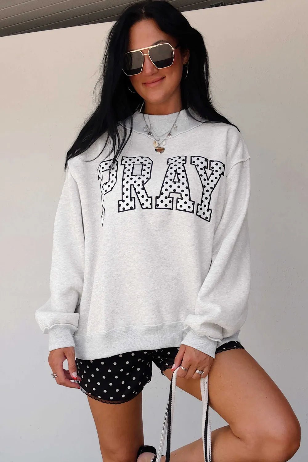 ~PREORDER~ Gray PRAY Polka Dot Embroidered Mock Neck Sweatshirt ~PREORDER~