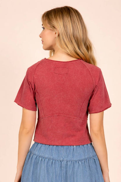 Mineral Washed Fitted Crop Top | Raw Edge Short Sleeve Tee