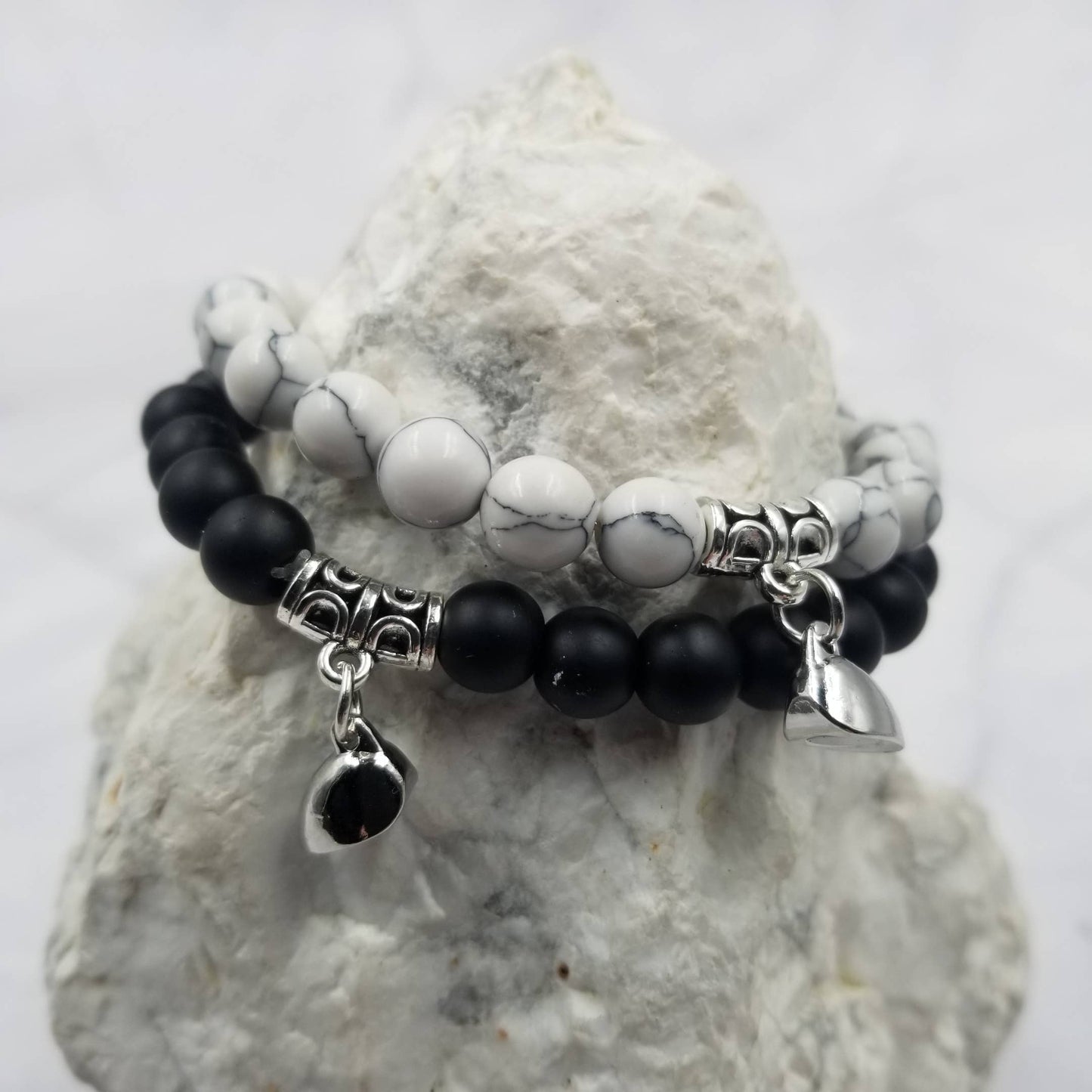 Natural Stone Magnetic Heart Charm Bracelet - Set Of 2