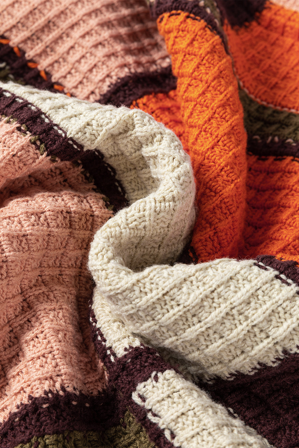 Orange Color-Block Waffle-Knit Mock-Neck Sweater – Drawstring Detail