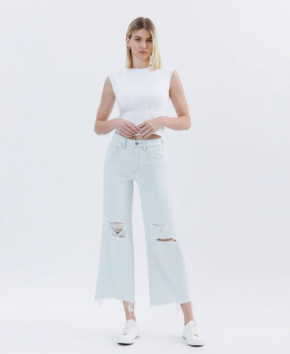 High Rise Distressed Crop Wide Leg Jeans – Frayed Hem Comfort Stretch Denim Vervet T6839