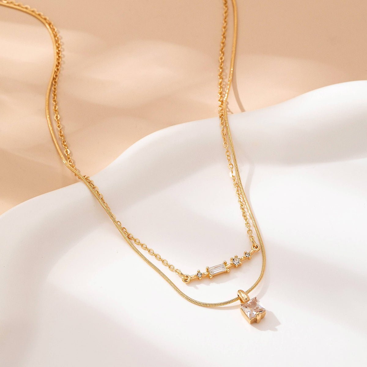 Bar None Sparkle Necklace | Layered Crystal Bar & Solitaire Square Necklace