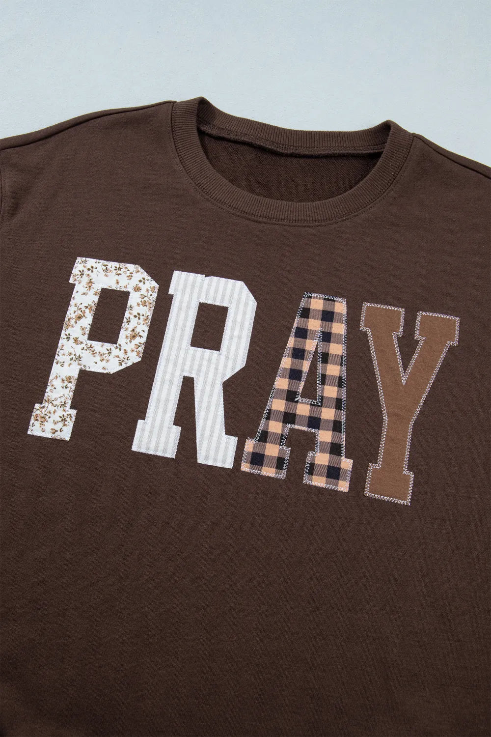 Patchwork PRAY Graphic Sweatshirt | Brown Applique Faith Crewneck Pullover