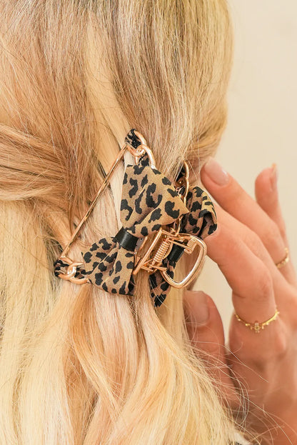 Camel Leopard Bow Hair Claw Clip | Gold Alloy Hair Clip with Leopard Print Bow Detail
