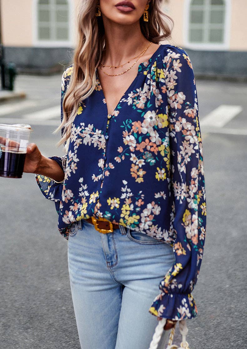 Navy Blue Floral Print V-Neck Long-Sleeved Loose Shirt Top