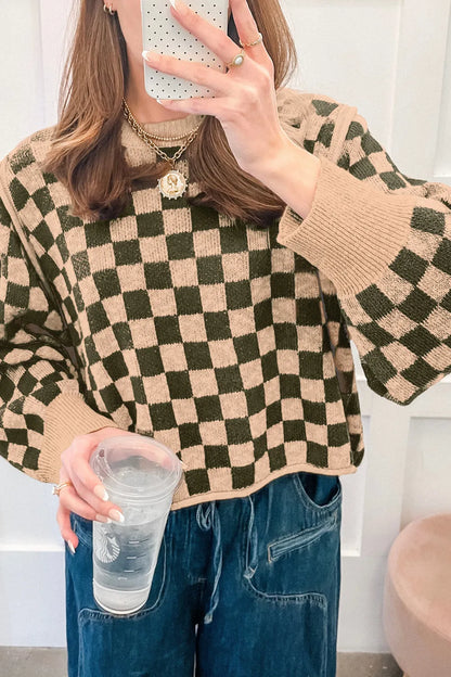 ~PREORDER~ Check Me Out Olive & Tan Checkered Knit Sweater ~PREORDER~