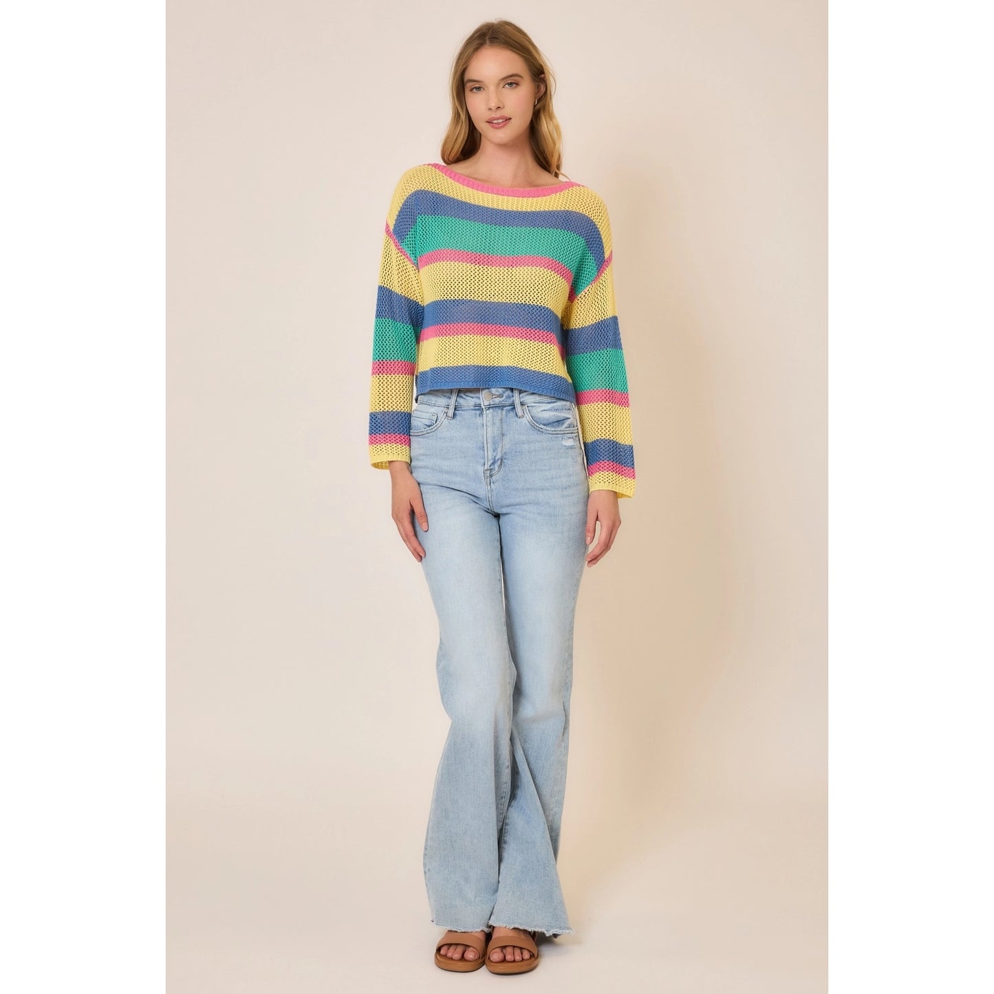 Sunset Stripe Open Knit Sweater – Lightweight Multi Color Cropped Pullover