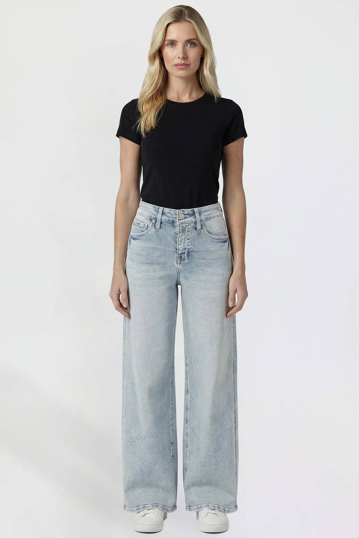 Kayla High Rise Wide Leg Jeans | YMI Premium Stretch Light Wash Denim