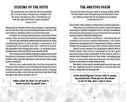 “Devotions & Prayers for Managing Anxiety & Depression (Teen Girl) book cover”

“Interior sample page of devotional with prayer and scripture excerpt”

“Side view of devotional book, 192 pages”