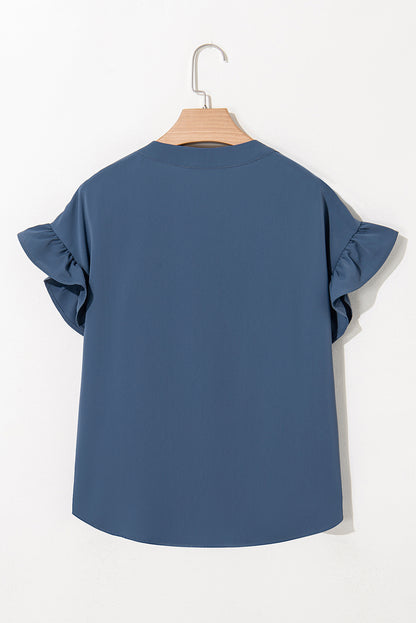 Ruffled Ruched Short Sleeve Buttoned Shirt – Solid & Subtly Chic 🌸
