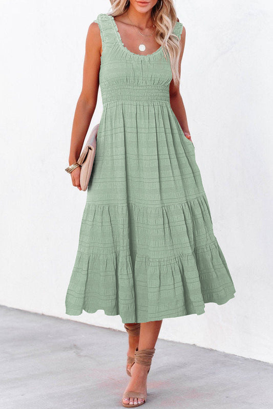 Shirred Midi Dress with Pockets – Sleeveless Square Neck Tiered Flowy Dress for Women