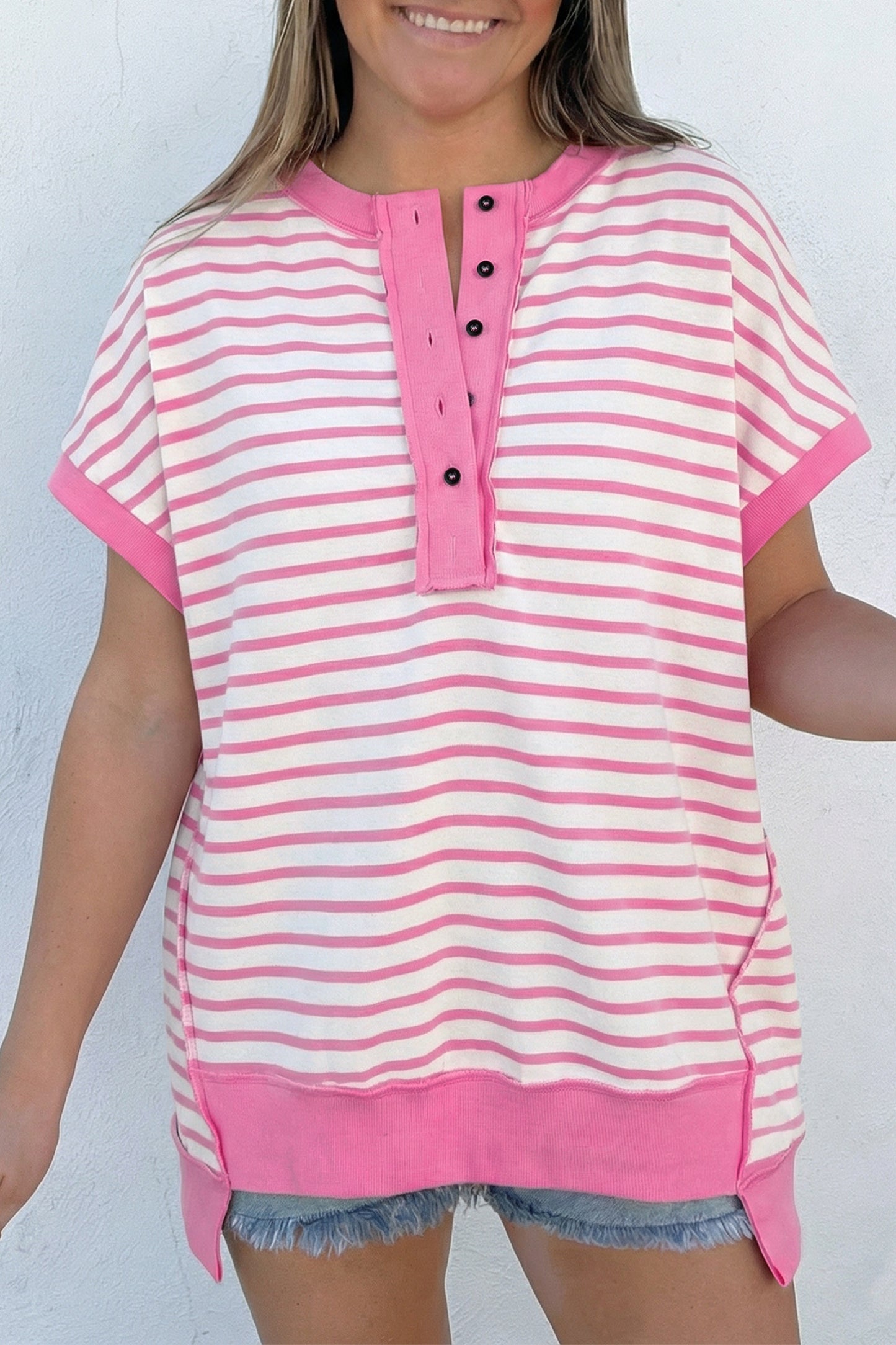 Pink Stripe Button Front High-Low Top 💗