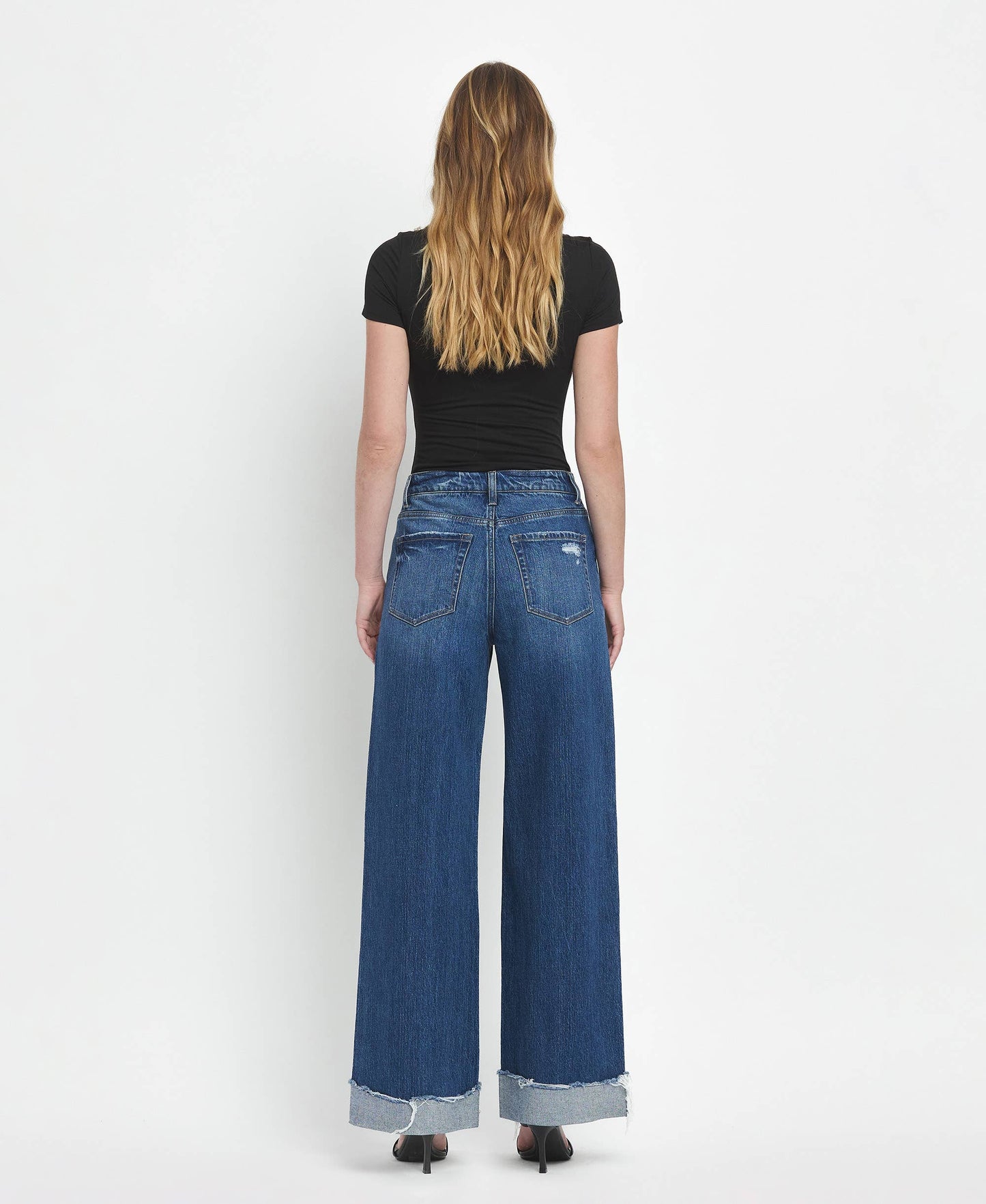Vervet Super High Rise Baggy Wide Leg Jeans | Dark Wash Cuffed Denim T6614