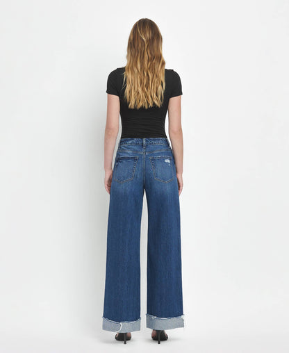 Vervet Super High Rise Baggy Wide Leg Jeans | Dark Wash Cuffed Denim T6614