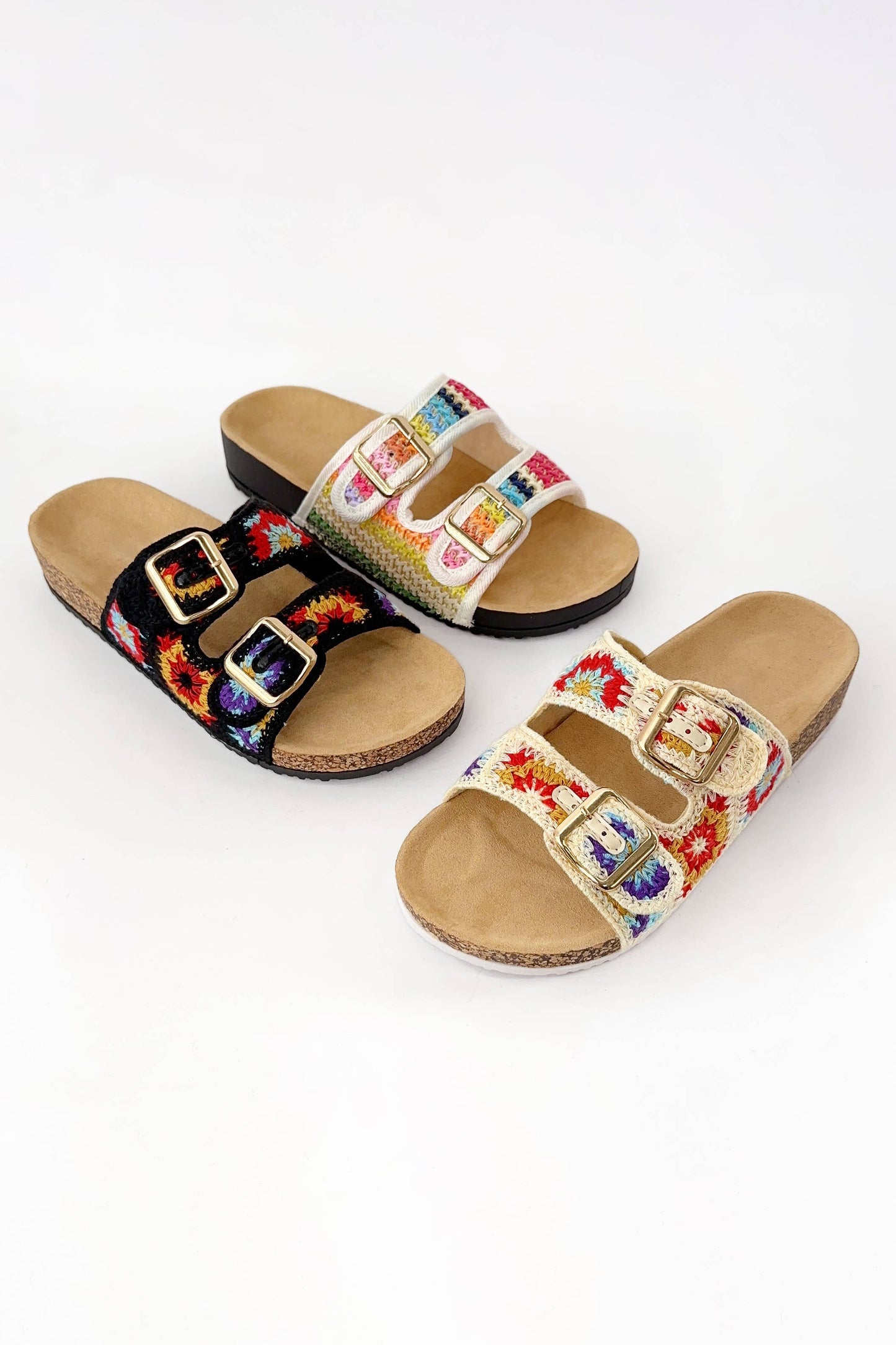 BACON COLORFUL CROCHET KNIT DOUBLE STRAP CORK SLIDE SANDAL