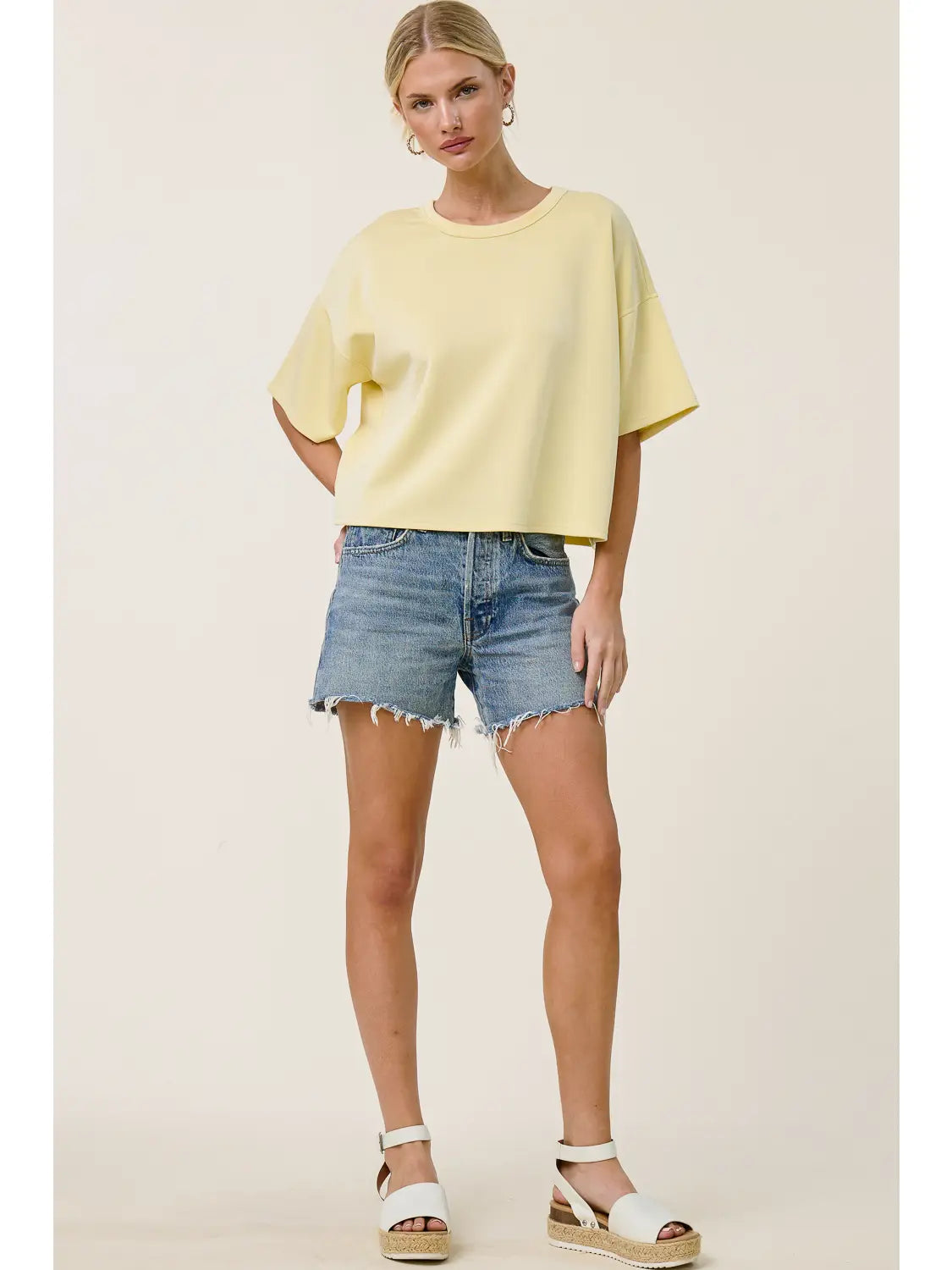 Boxy Short Sleeve Scuba Knit Top – Cropped Relaxed Fit Structured Scuba Shirt