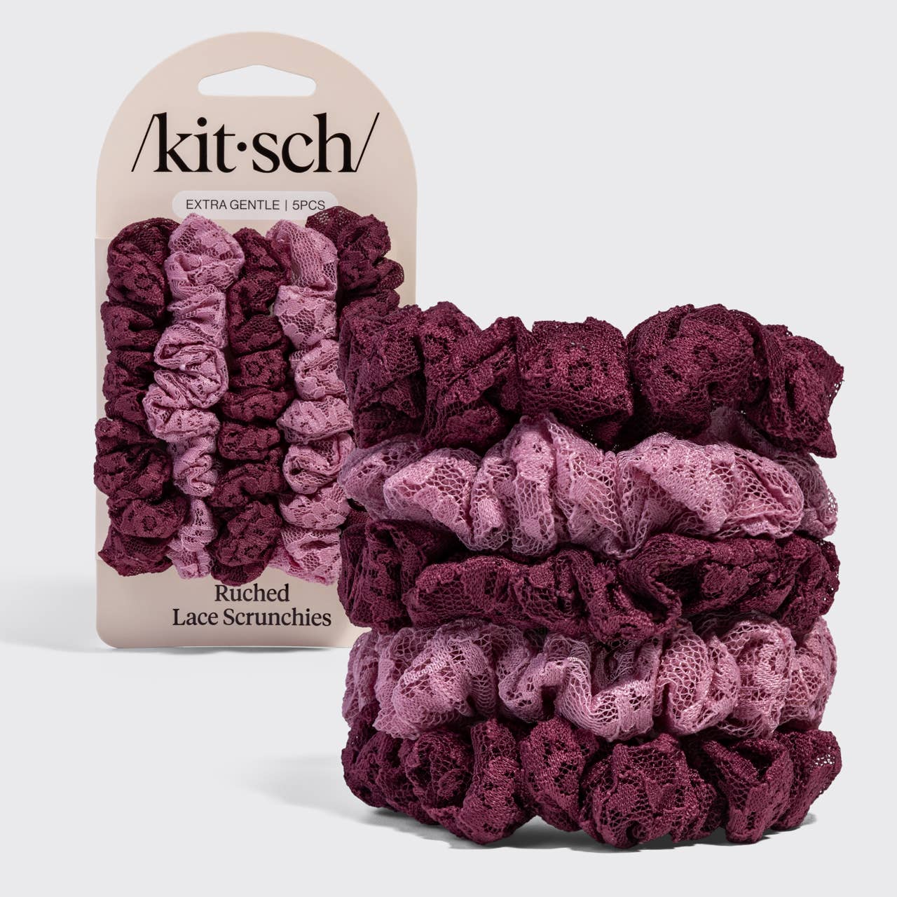 Kitsch Ruched Lace Scrunchies 5pc Set | Cherry Lacquer & Dusty Pink Hair Ties
