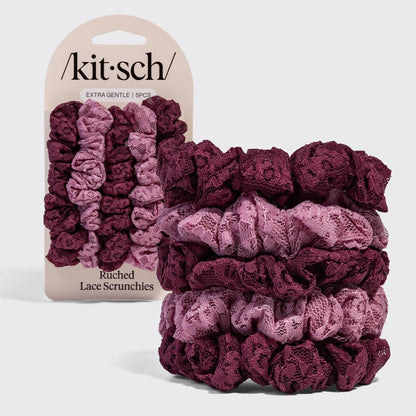 Kitsch Ruched Lace Scrunchies 5pc Set | Cherry Lacquer & Dusty Pink Hair Ties