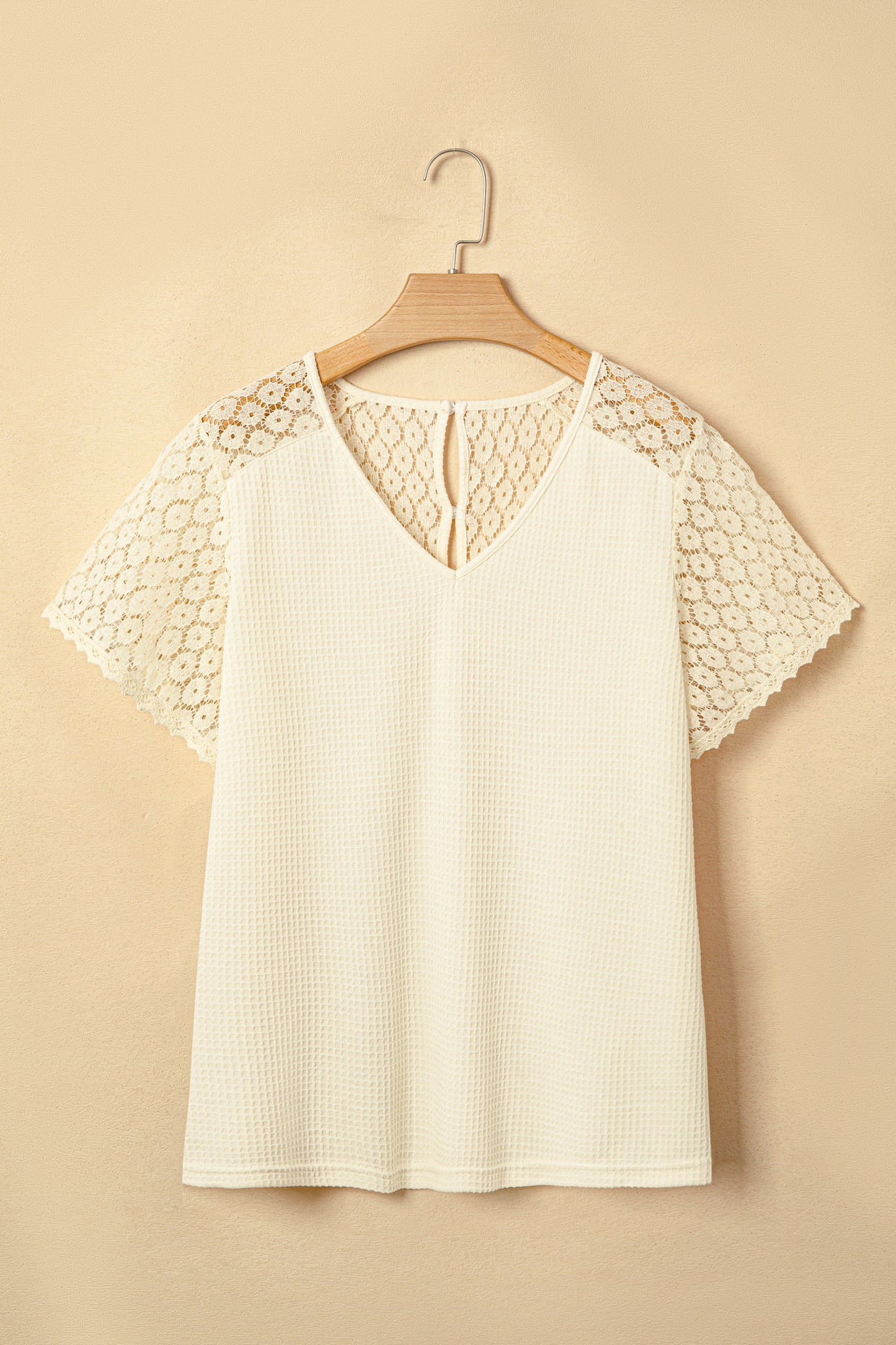 ~PREORDER ~ Lace Splicing Button Cutout V Neck Waffle Knit Blouse ~PREORDER ~