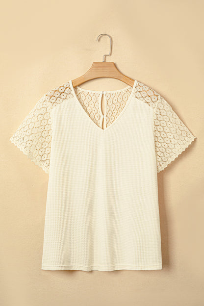 ~PREORDER ~ Lace Splicing Button Cutout V Neck Waffle Knit Blouse ~PREORDER ~
