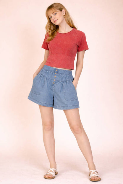 Mineral Washed Fitted Crop Top | Raw Edge Short Sleeve Tee