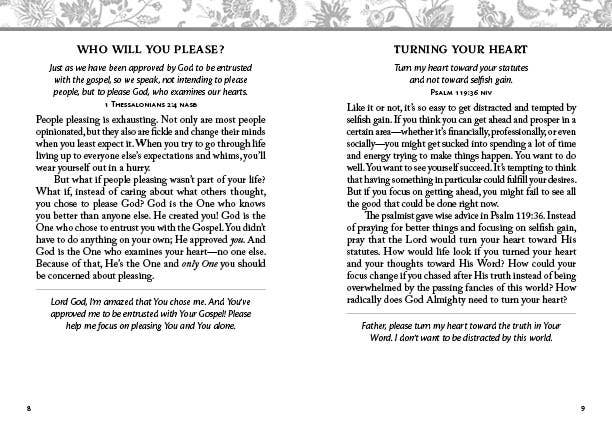 “Cover of 180 Devotions for When Life Is Overwhelming by Hilary Bernstein”

“Inside spread showing a devotion page”

“Paperback devotional book — pocket size”