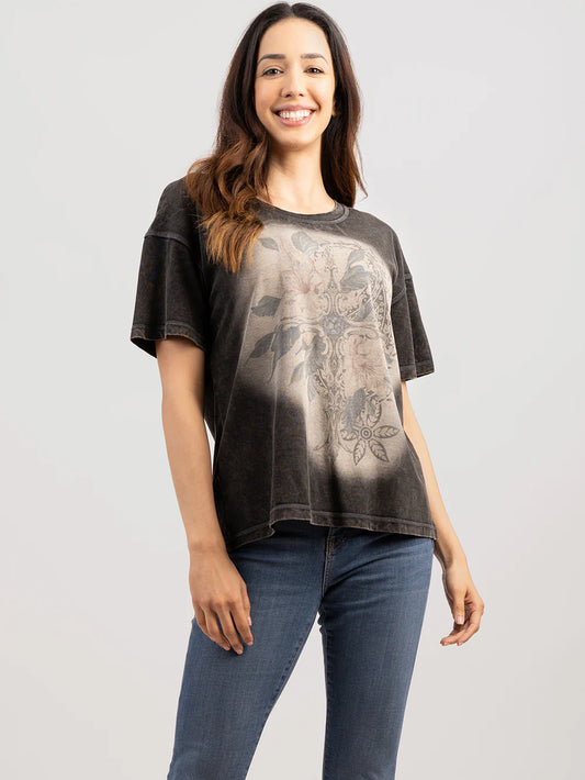 Delila Women Mineral Wash Cross Graphic Tee